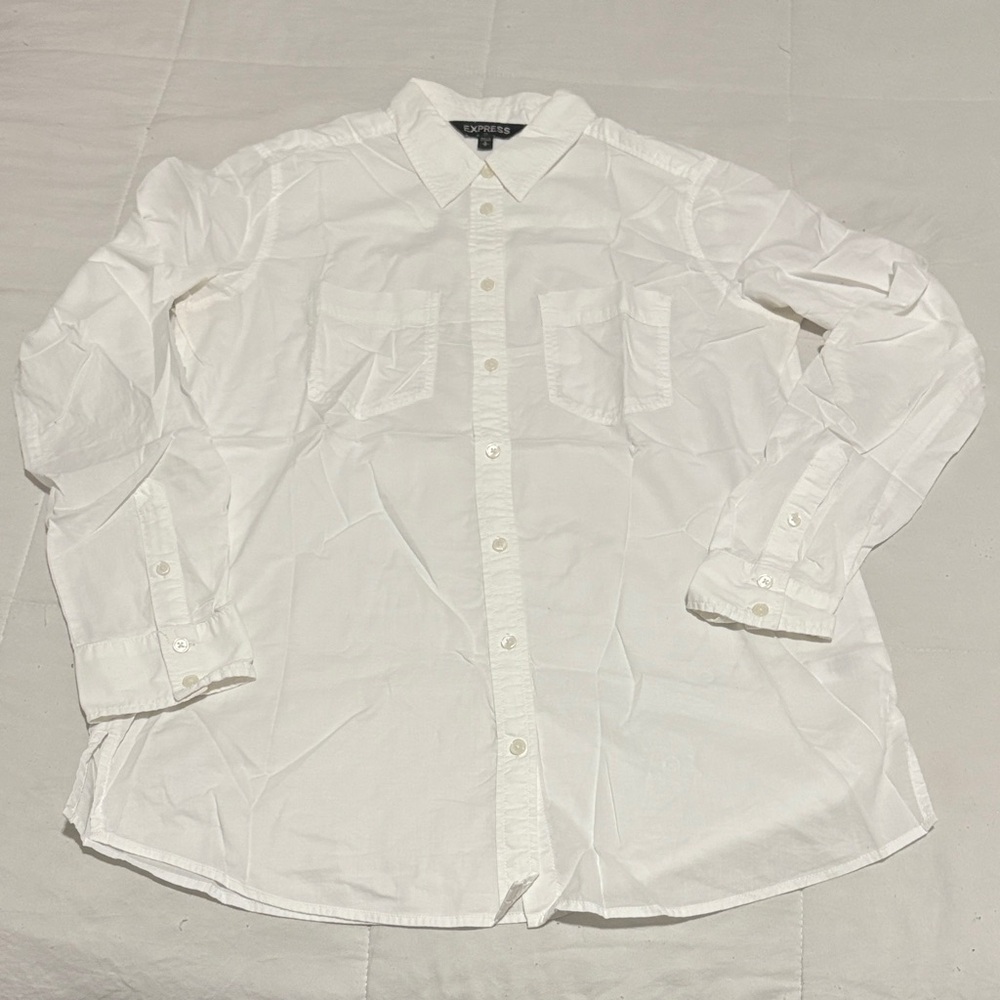 Express Ladies White Casual Button-Down Shirt